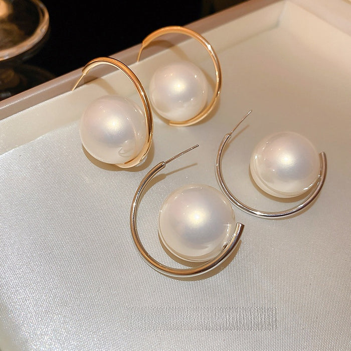 Minimalist Alloy C Shape Pearl Stud Earrings Geometric Round Fashion Ear Jewelry