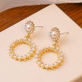 Elegant Korean Hollow Round Drop Pearl Rhinestone Micro Paved Gold Alloy Luxury Dangle Earrings view 4
