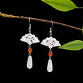 Vintage Ethnic Hollow Fan Alloy Dangle With Faux Jade Teardrop Beads Qipao Fashion Earrings view 2