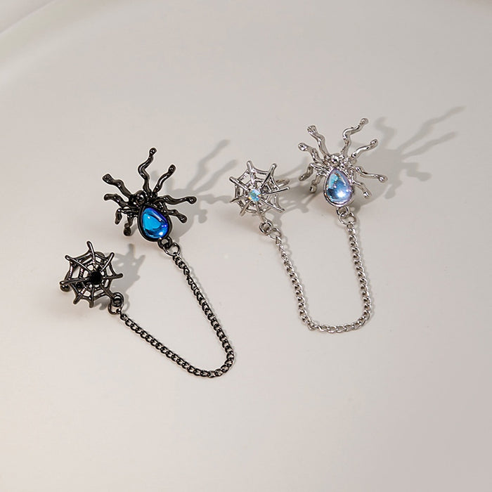 Dark Gothic Spider Web Chain Ear Cuff With Alloy Moonstone Teardrop Crystal Style Clip Earrings