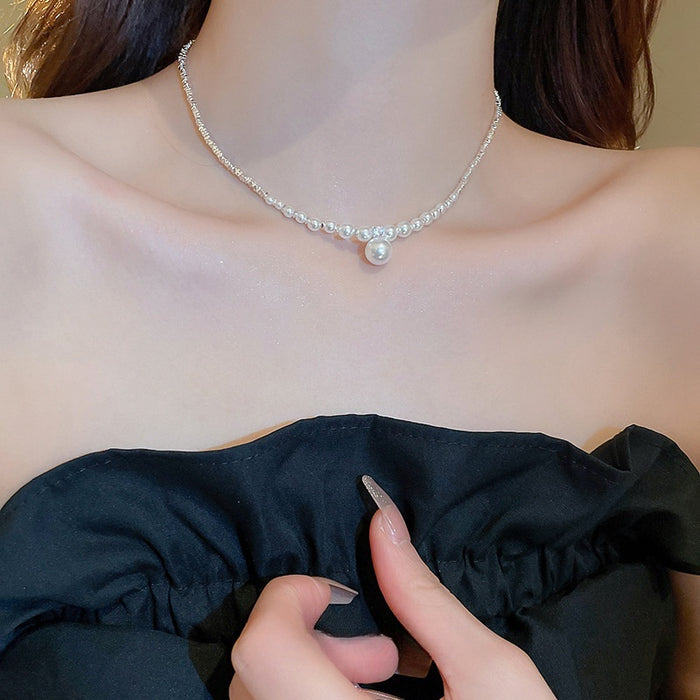 French Light Luxury Faux Pearl Zircon Round Pendant Silver Tone Clavicle Necklace For Women