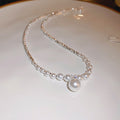 French Light Luxury Faux Pearl Zircon Round Pendant Silver Tone Clavicle Necklace For Women view 4