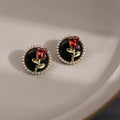 Vintage Dark Rose Flower Pearl Trim Black Enamel Alloy Studs French Elegant Sweet Cool Earrings view 1