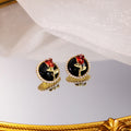 Vintage Dark Rose Flower Pearl Trim Black Enamel Alloy Studs French Elegant Sweet Cool Earrings view 4