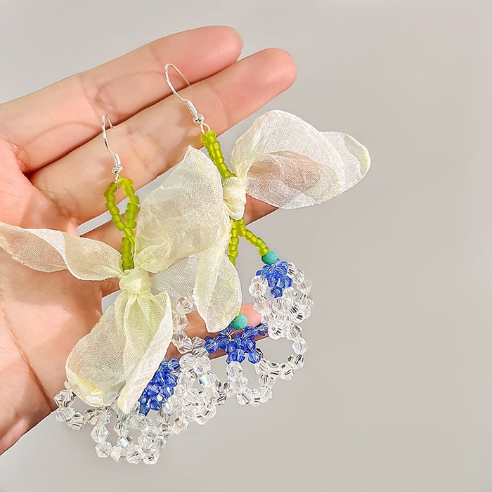 Elegant Fabric Leaf Crystal Lily Of The Valley Beaded Tassel Hook Earrings