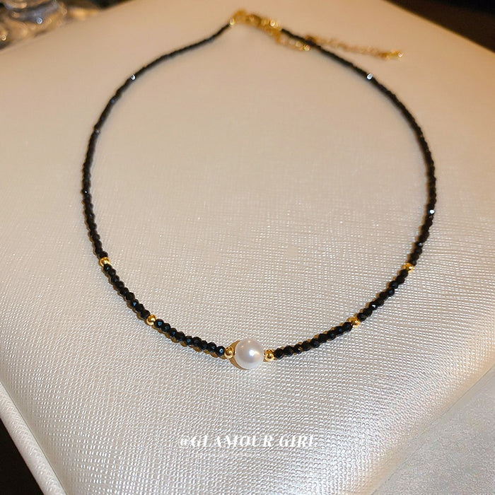 Black Faux Pearl Crystal Geometric Line Necklace Minimalist Fashion Clavicle Choker