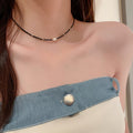 Black Faux Pearl Crystal Geometric Line Necklace Minimalist Fashion Clavicle Choker view 4