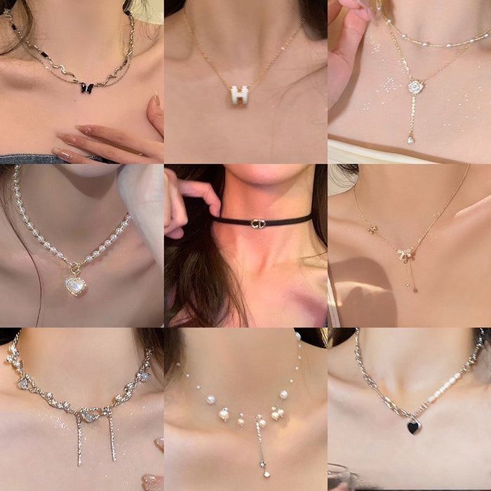 Light Luxury Alloy Pearl Rhinestone Tassel Geometric Clavicle Necklace For Women