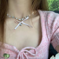 Sweet Heart Bow Faux Pearl Crystal Clavicle Necklace With Dopamine Colorful Charm Design view 2