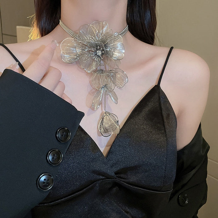 Copper Rhinestone Flower Tassel Triple Layer Statement Necklace For Women