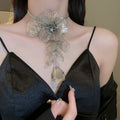 Copper Rhinestone Flower Tassel Triple Layer Statement Necklace For Women view 3