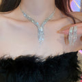 Rhinestone Teardrop Tassel Necklace And Drop Earrings Jewelry Set, European Luxe Metal Collarbone Chain view 1