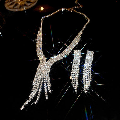 Rhinestone Teardrop Tassel Necklace And Drop Earrings Jewelry Set, European Luxe Metal Collarbone Chain