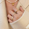 Gold Plated Zirconia Faux Pearl Round Bead Geometric Open Ring Jewelry Set Light Luxury Style view 3