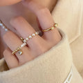 Gold Plated Zirconia Faux Pearl Round Bead Geometric Open Ring Jewelry Set Light Luxury Style view 2