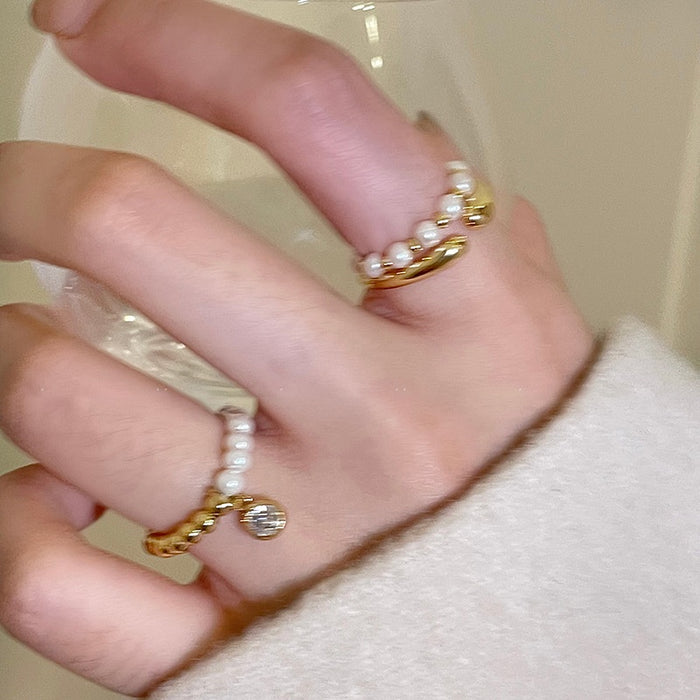 Gold Plated Zirconia Faux Pearl Round Bead Geometric Open Ring Jewelry Set Light Luxury Style