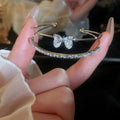 Korean Style Copper Zircon Bow Heart Double Row Open Bangle Fashion Light Luxury Jewelry view 2
