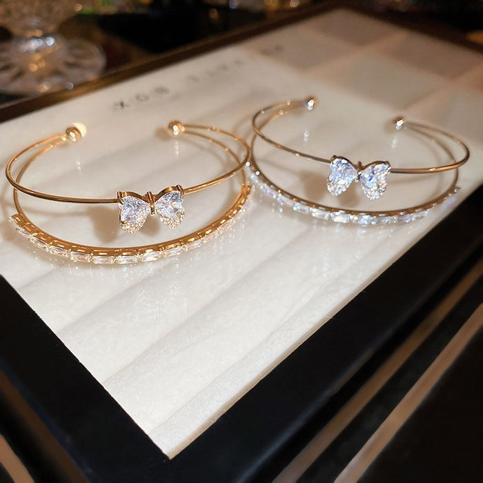 Korean Style Copper Zircon Bow Heart Double Row Open Bangle Fashion Light Luxury Jewelry