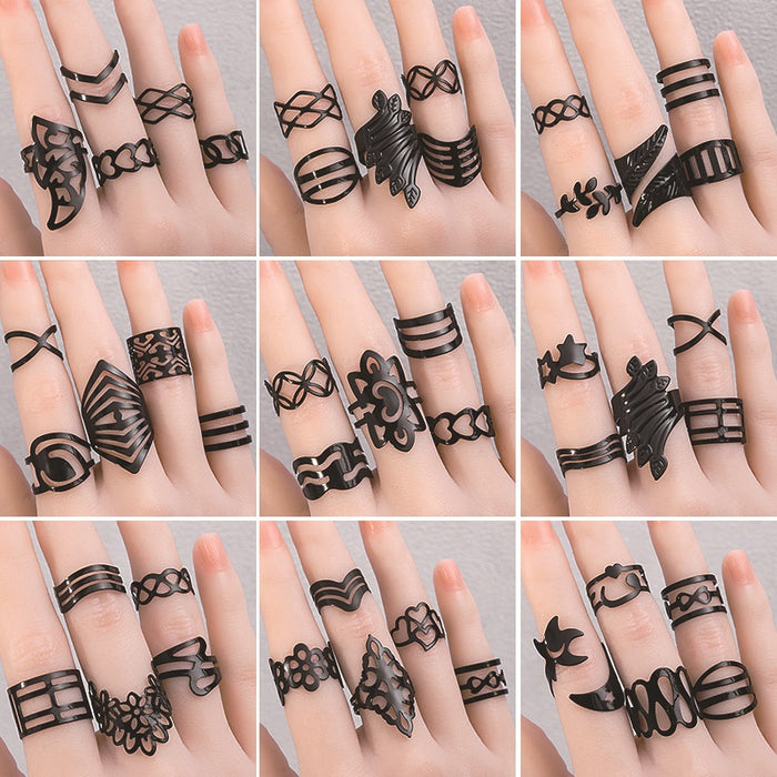 Light Luxury Geometric Ring Set With Metallic Wing Hollow Design, Fashion Commuter Hand Jewelry