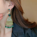 Alloy Crystal Peacock Tassel Drop Earrings With Rhinestone Studs, Geometric Statement Style view 4