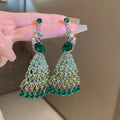 Alloy Crystal Peacock Tassel Drop Earrings With Rhinestone Studs, Geometric Statement Style view 1