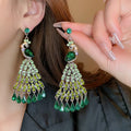 Alloy Crystal Peacock Tassel Drop Earrings With Rhinestone Studs, Geometric Statement Style view 2