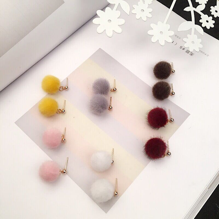 Soft Fuzzy Pom Pom Small Stud Earrings in Five Colors