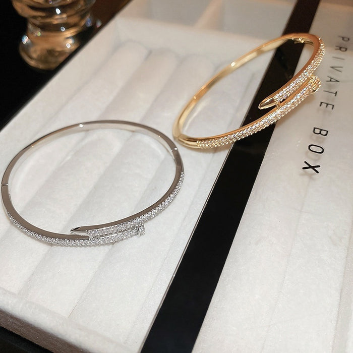 Gold Plated Copper Zircon Geometric Bangle For Women Light Luxury Minimalist Circular Jewelry