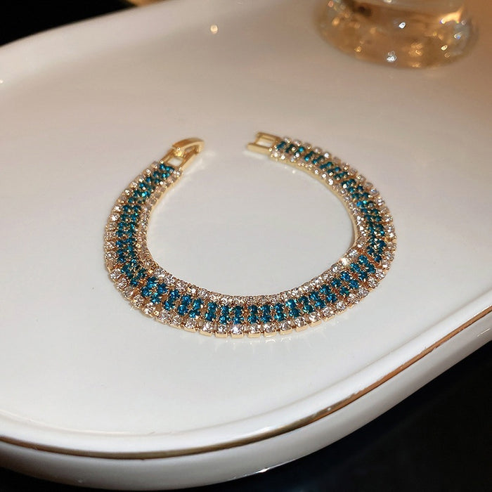 Rhinestone Inlaid Alloy Geometric Line Beaded Bracelet, European American Fashion Jewelry