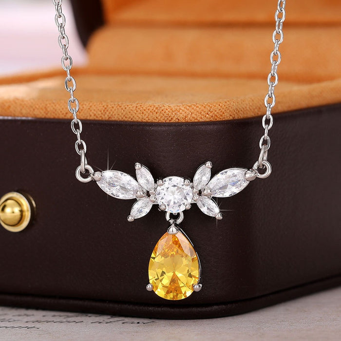 Yellow Teardrop Diamond Necklace Full Rhinestone Pear Crystal Wing Pendant Collarbone Chain