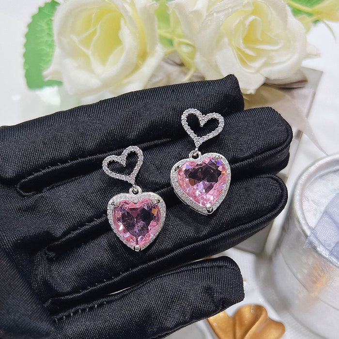 Pink 3D Large Zircon Stud Earrings For Women Sweet Cute Style Qixi Gift Jewelry