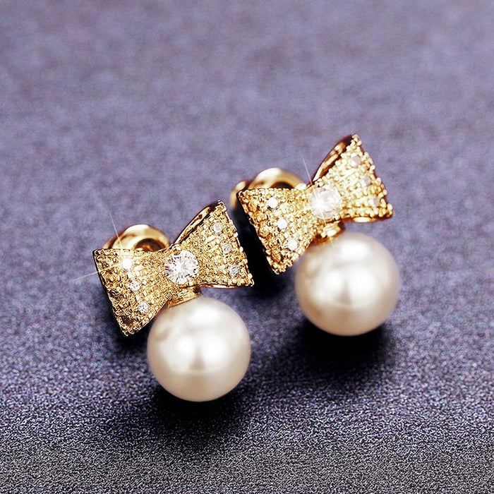 Cute Statement Pearl Bow Stud Earrings Korean Elegant Celebrity Style Fashion Earrings For Women