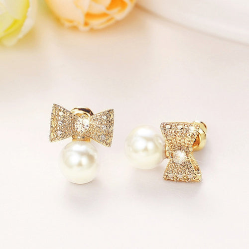 Cute Statement Pearl Bow Stud Earrings Korean Elegant Celebrity Style Fashion Earrings For Women