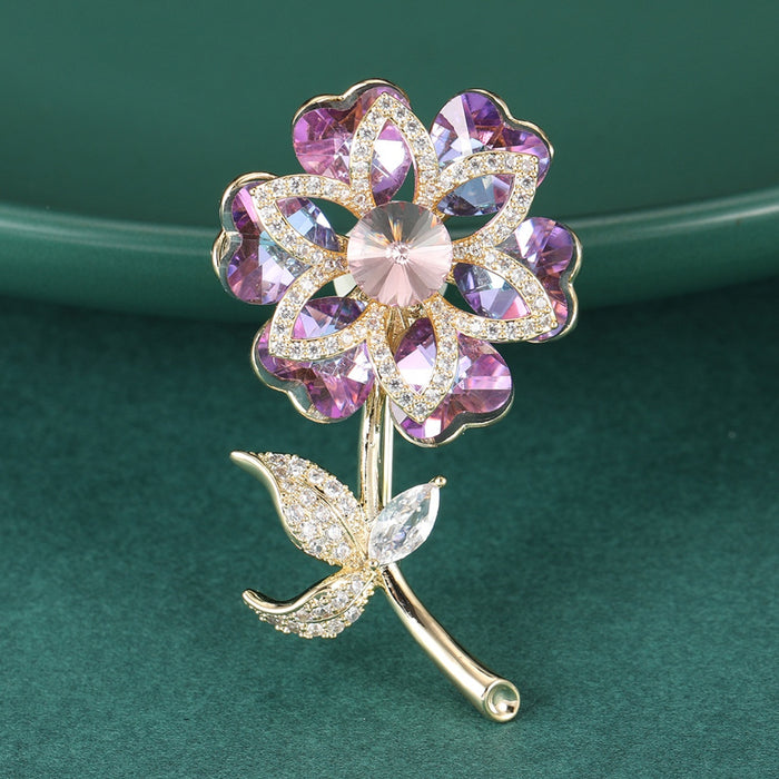 Alloy Zircon Crystal Flower Brooch Pin For Cardigans And Dresses