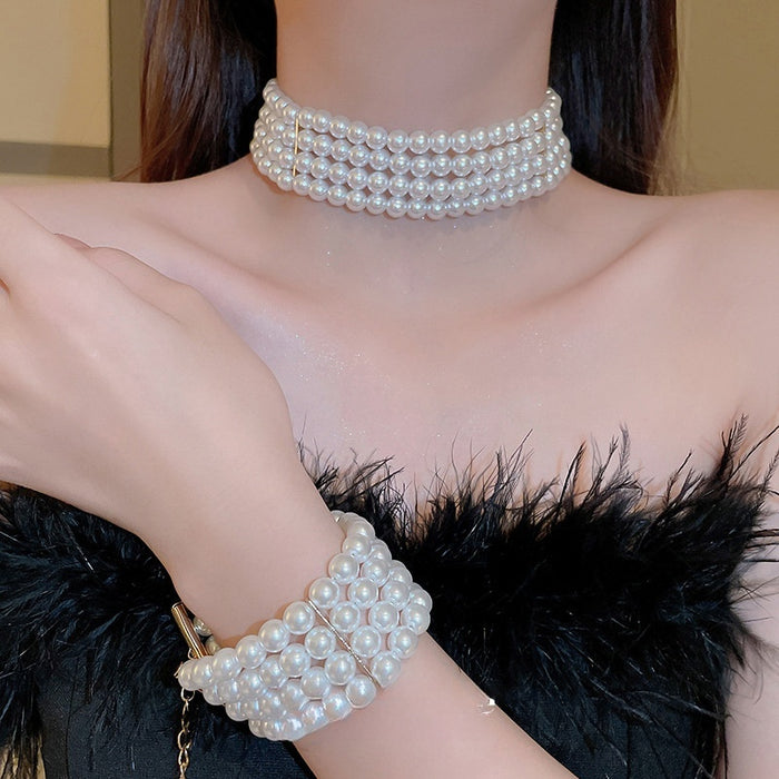 Four Layer Faux Pearl Choker Necklace French Vintage Light Luxury Collarbone Jewelry For Women