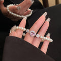 Light Luxury Pink Heart Zircon Faux Pearl Elastic Beaded Bracelet view 4