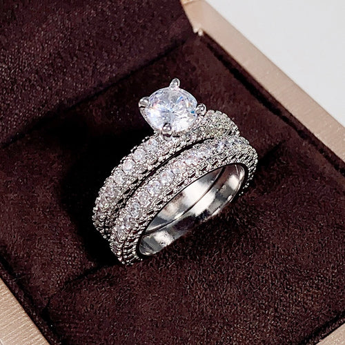 Full Pave Round Simulated Diamond Ring Set For Women New Engagement Wedding Anniversary Ring