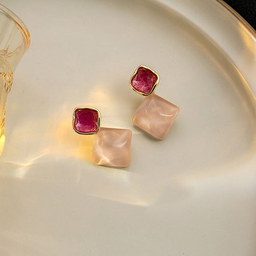 Elegant Colorful Enamel Square Stud Drop Acrylic Diamond Shape Shimmer Statement Earrings