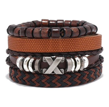Simple Handmade Braided Vintage Men's Leather Bracelet DIY 4 Piece Multilayer Bangle Set