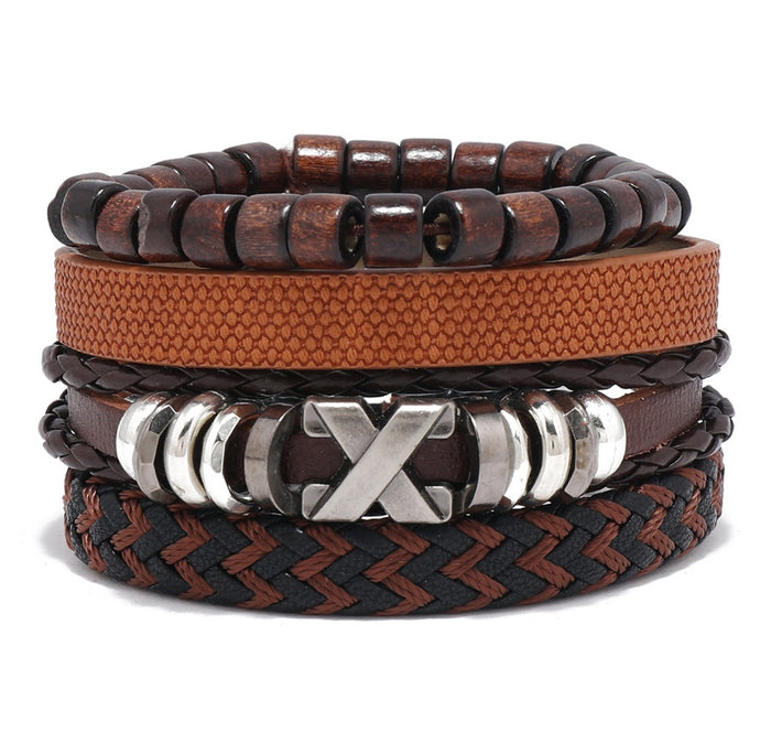Simple Handmade Braided Vintage Men's Leather Bracelet DIY 4 Piece Multilayer Bangle Set