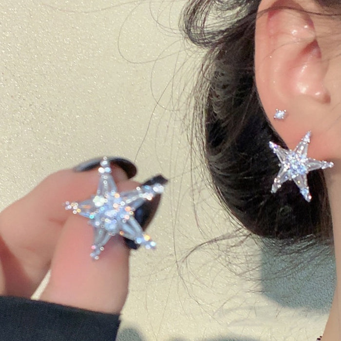 Alloy Silver Needle Zircon Starfish Stud Earrings Minimalist Light Luxury Star Design For Women