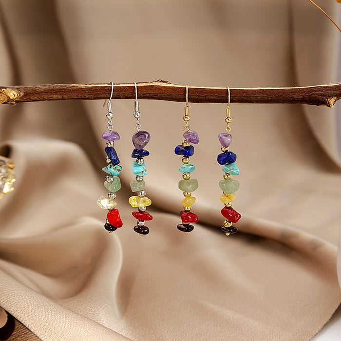 Bohemian Handmade Seven Color Irregular Chip Stone Alloy Wire Wrapped Long Dangle Drop Earrings