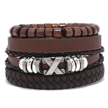 New European American Vintage Multilayer Leather Bangle DIY 4 Piece Handmade Bracelet Set