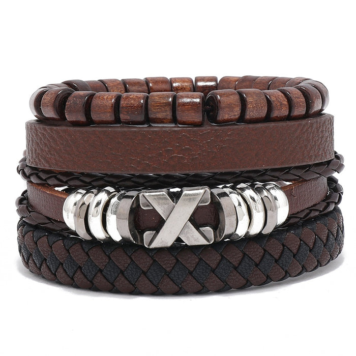 New European American Vintage Multilayer Leather Bangle DIY 4 Piece Handmade Bracelet Set