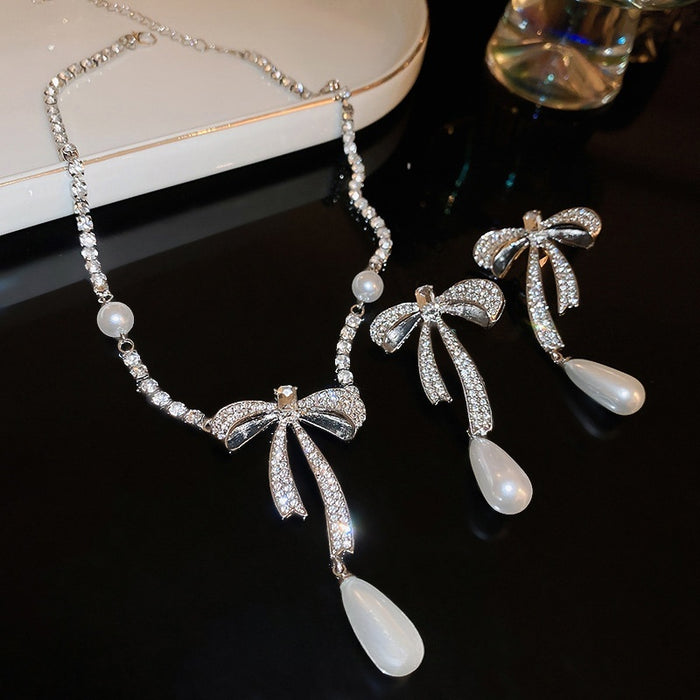 Light Luxury Zircon Bowknot Teardrop Pearl Necklace Earrings Jewelry Set
