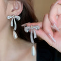 Light Luxury Zircon Bowknot Teardrop Pearl Necklace Earrings Jewelry Set view 3