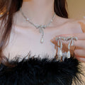 Light Luxury Zircon Bowknot Teardrop Pearl Necklace Earrings Jewelry Set view 2