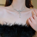Light Luxury Zircon Bowknot Teardrop Pearl Necklace Earrings Jewelry Set view 4