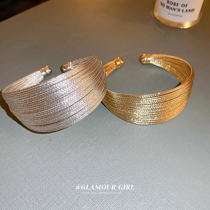 Gold Plated Copper Multi Layer Open Cuff Bangle For Women Light Luxury Statement Jewelry