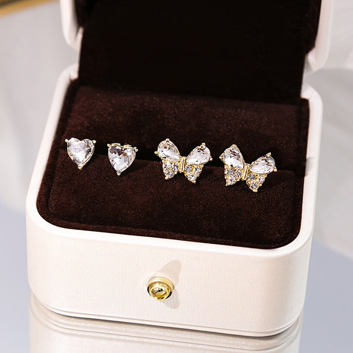 Elegant Korean Bow And Heart Zircon Studs Gold Plated Micro Pave Sweet Cartilage Fashion Earrings